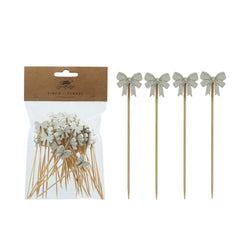 Bow Shaped Bamboo Single Use Picks, Set of 50